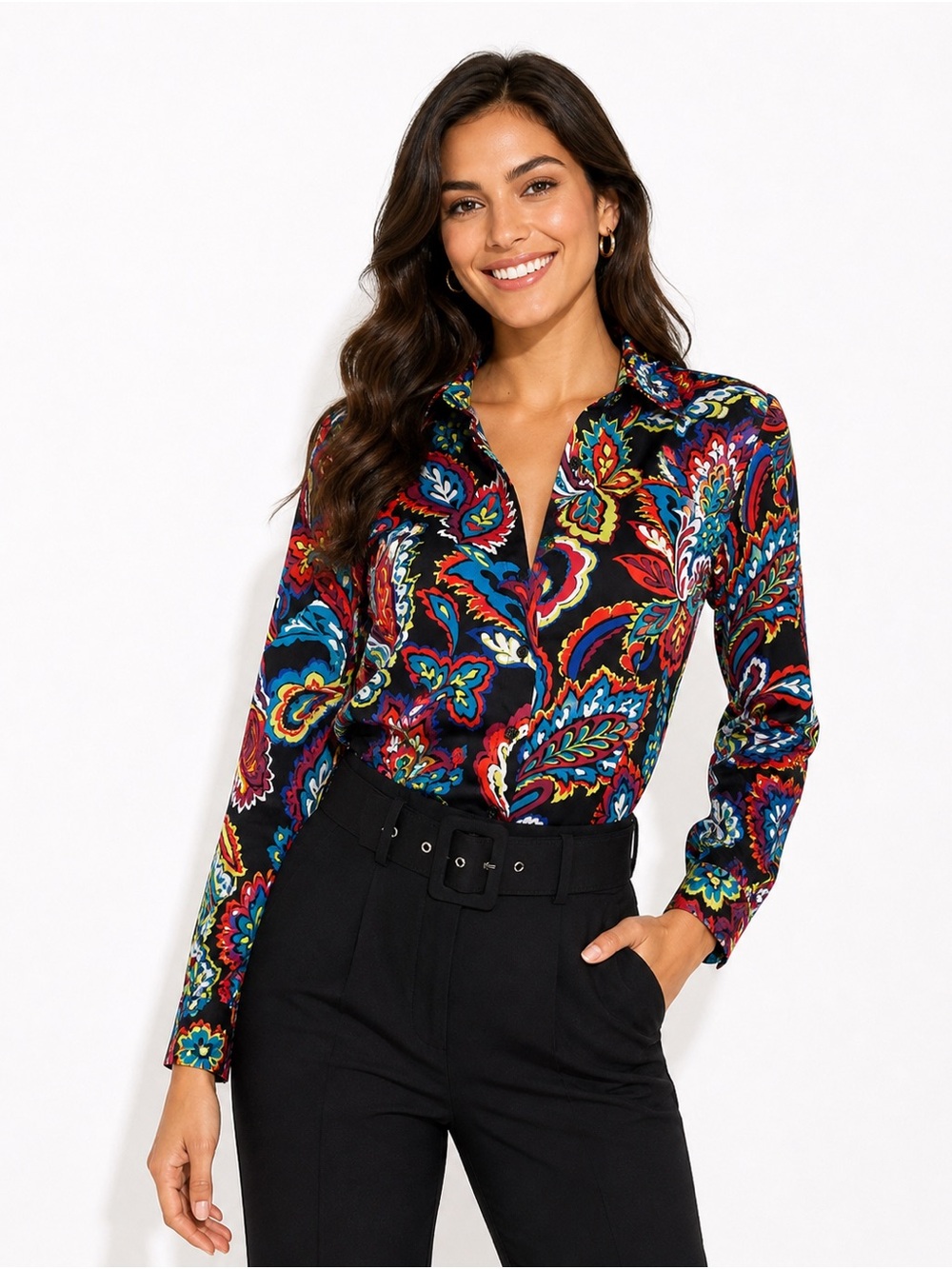 New York & Company puff sleeves Paisley Button-Up with Multicolor Print